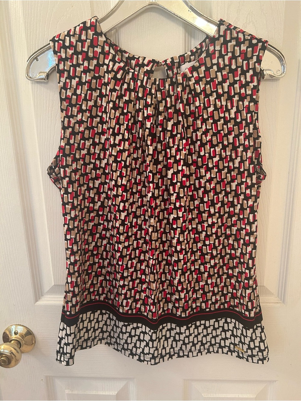 Calvin Klein Black, White & Red Geometric Sleeveless Blouse